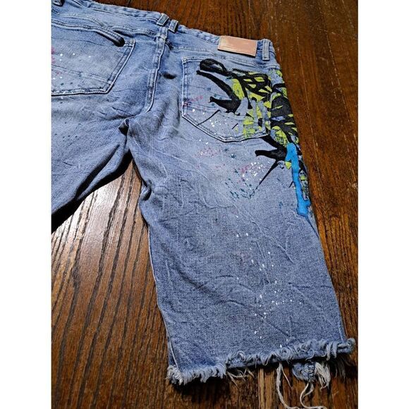 Size 34 Smoke Rise Graffiti Distressed Destroyed  Denim Jean Shorts Streetwear - Picture 6 of 7